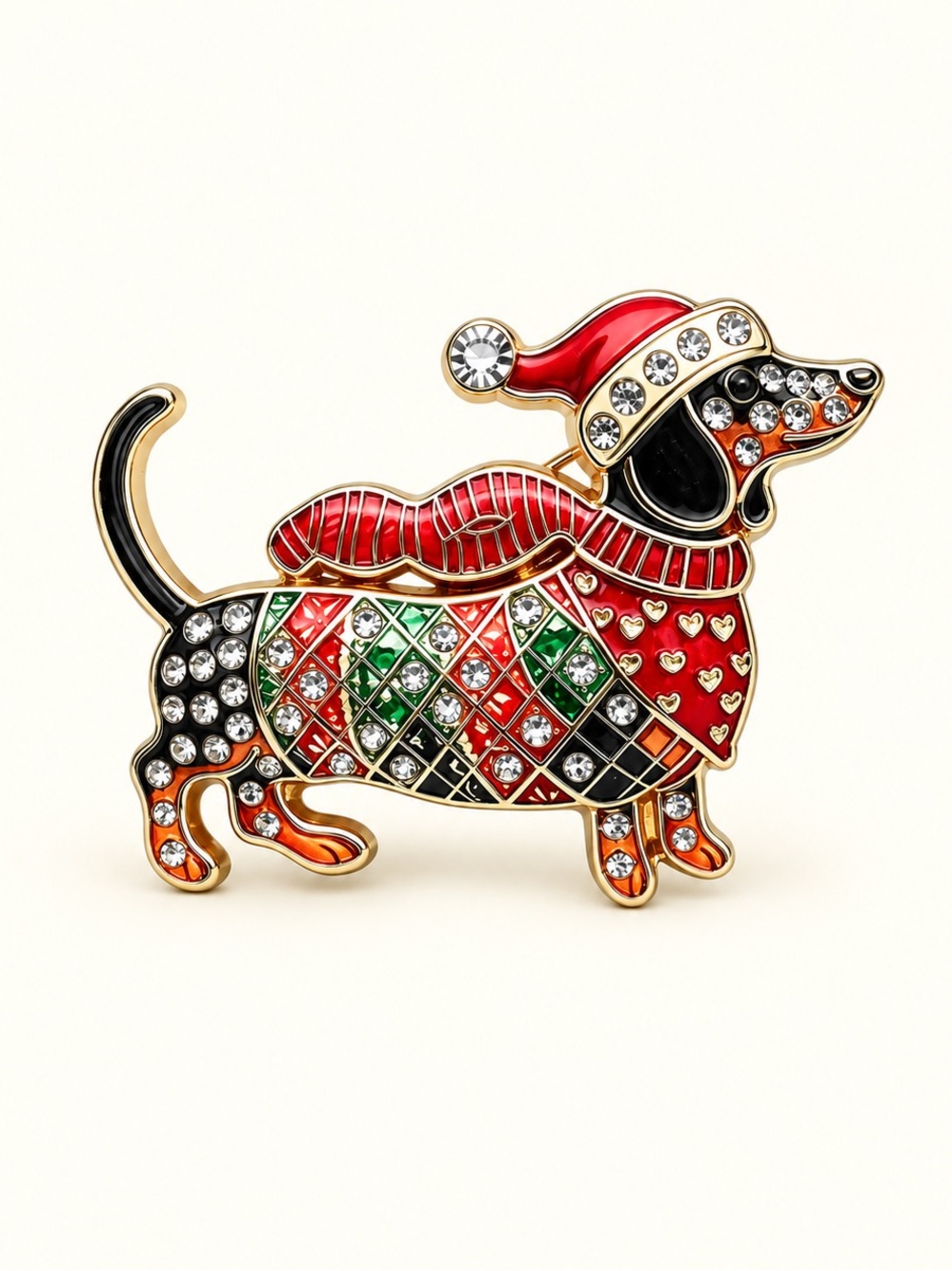 Christmas Dachshund Dog Rhinestone Brooch